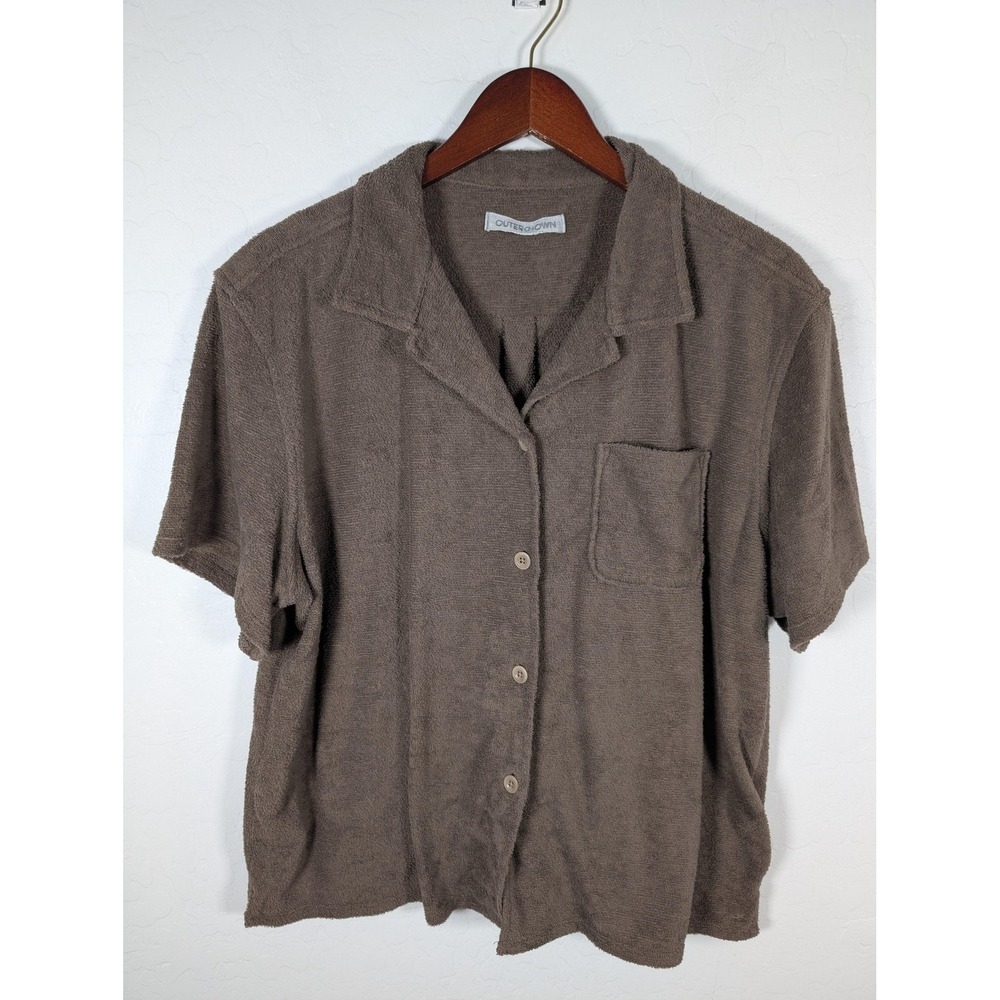 Outerknown Shirt Womens XL Brown Terry Cloth Camp Collar Button Front Pocket